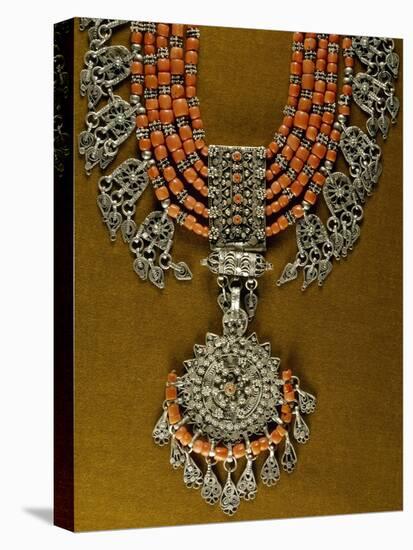 Lazem Necklace Composed of Six Strands of Coral Beads and Filigreed Silver Central Pendant-null-Stretched Canvas