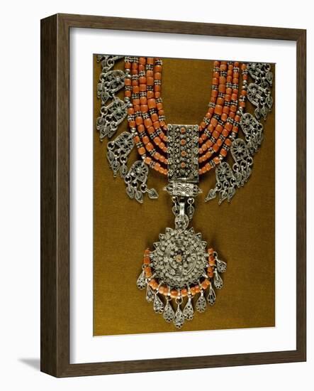 Lazem Necklace Composed of Six Strands of Coral Beads and Filigreed Silver Central Pendant-null-Framed Giclee Print