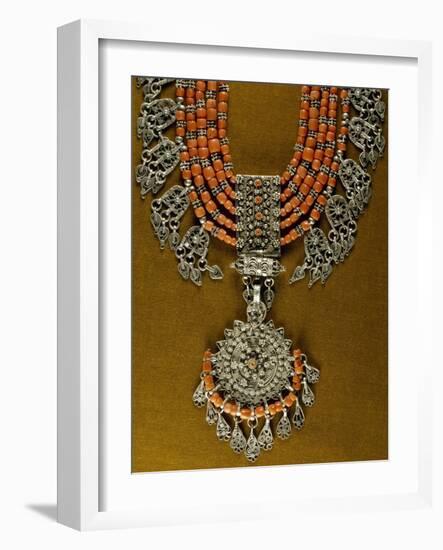 Lazem Necklace Composed of Six Strands of Coral Beads and Filigreed Silver Central Pendant-null-Framed Giclee Print