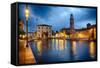 Lazise Harbor Night Scenic-George Oze-Framed Stretched Canvas