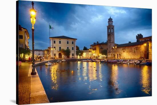 Lazise Harbor Night Scenic-George Oze-Stretched Canvas