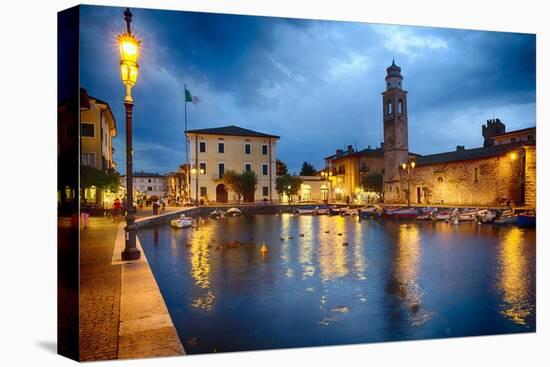 Lazise Harbor Night Scenic-George Oze-Stretched Canvas