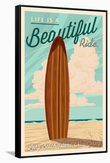 LBI, New Jersey - Life is a Beautiful Ride - Surfboard - Letterpress-Lantern Press-Framed Stretched Canvas