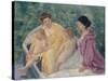 Le Bain (Two Mothers and their Children in a Boa)-Mary Cassatt-Stretched Canvas