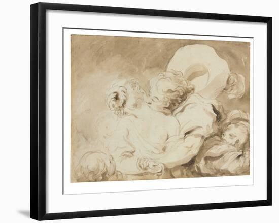 Le Baiser (The Kiss) (Black Chalk, Brush & Brown Ink with Brown Wash on Paper)-Jean-Honore Fragonard-Framed Giclee Print