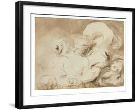 Le Baiser (The Kiss) (Black Chalk, Brush & Brown Ink with Brown Wash on Paper)-Jean-Honore Fragonard-Framed Giclee Print