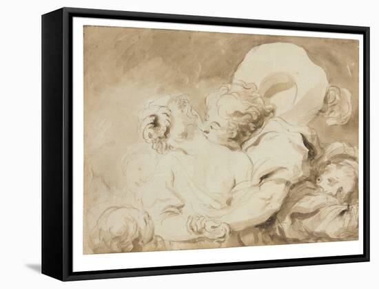 Le Baiser (The Kiss) (Black Chalk, Brush & Brown Ink with Brown Wash on Paper)-Jean-Honore Fragonard-Framed Stretched Canvas