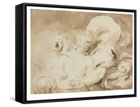 Le Baiser (The Kiss) (Black Chalk, Brush & Brown Ink with Brown Wash on Paper)-Jean-Honore Fragonard-Framed Stretched Canvas