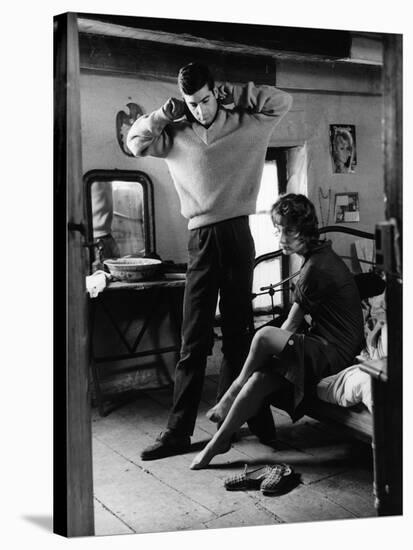 Le beau Serge by ClaudeChabrol with Jean Claude Brialy and Bernadette Lafont, 1958 (b/w photo)-null-Stretched Canvas