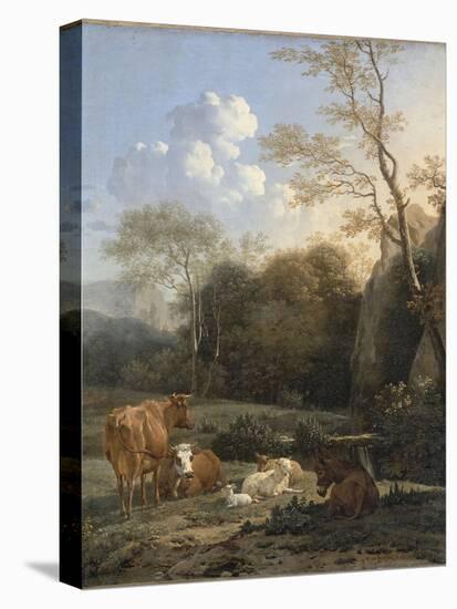 Le Bocage ; Vaches, ânes et moutons près d'un ruisseau-Karel Dujardin-Stretched Canvas