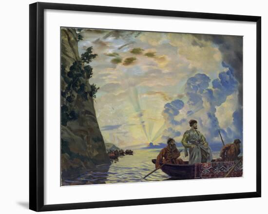 Le Chef Cosaque Stepan (Stenka) Timofeievitch Razine (1630-1671) Dans Une Barque. Il Mena Un Soulev-Boris Mikhailovich Kustodiev-Framed Giclee Print