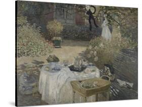 Le déjeuner ; panneau décoratif, jardin de Monet à Argenteuil, à gauche son fils Jean.-Claude Monet-Stretched Canvas