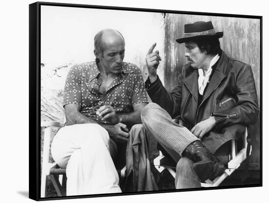 LE GITAN, 1975 directed by JOSE GIOVANNI On the set, Jos? Giovanni and Alain Delon (b/w photo)-null-Framed Stretched Canvas