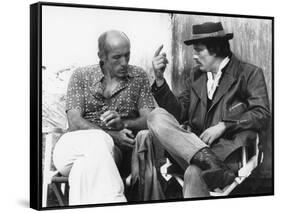 LE GITAN, 1975 directed by JOSE GIOVANNI On the set, Jos? Giovanni and Alain Delon (b/w photo)-null-Framed Stretched Canvas