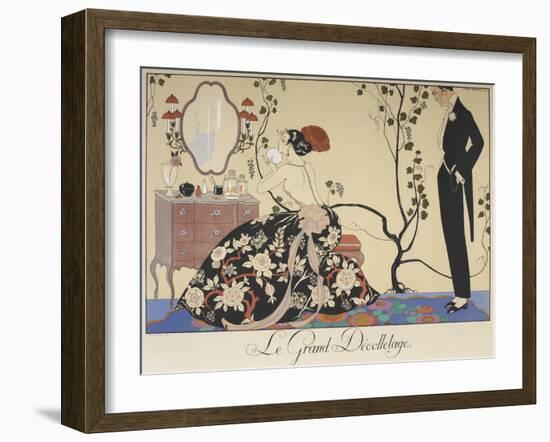 Le grand décolletage A woman sitting at her dressing table, admired by a man-Georges Barbier-Framed Giclee Print