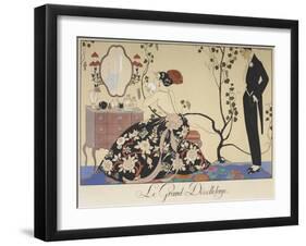 Le grand décolletage A woman sitting at her dressing table, admired by a man-Georges Barbier-Framed Giclee Print