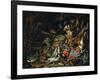 Le nid de pinsons-fish, reptiles and a dead squirrel among plants and trees; a nest of chaffinchs.-Abraham Mignon-Framed Giclee Print