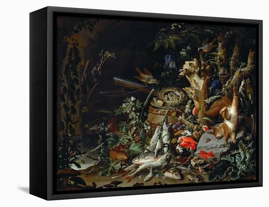 Le nid de pinsons-fish, reptiles and a dead squirrel among plants and trees; a nest of chaffinchs.-Abraham Mignon-Framed Stretched Canvas