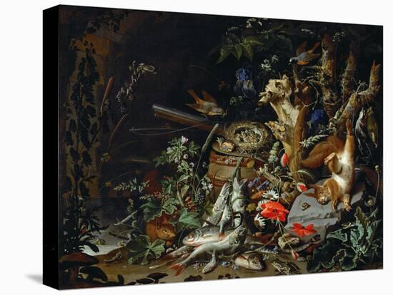 Le nid de pinsons-fish, reptiles and a dead squirrel among plants and trees; a nest of chaffinchs.-Abraham Mignon-Stretched Canvas