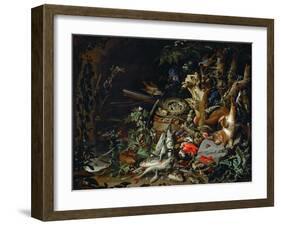 Le nid de pinsons-fish, reptiles and a dead squirrel among plants and trees; a nest of chaffinchs.-Abraham Mignon-Framed Giclee Print