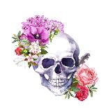 Human Skull with Flowers, Decorative Ornament and Feathers in Vintage Boho Style. Watercolor-Le Panda-Art Print