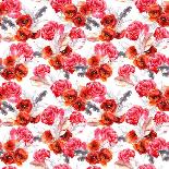 Rose Flowers, Feathers and Hearts. Repeating Floral Pattern. Watercolor-Le Panda-Art Print