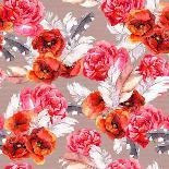 Rose Flowers, Feathers and Hearts. Repeating Floral Pattern. Watercolor-Le Panda-Art Print