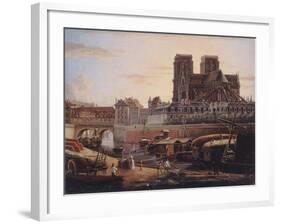 Le pont Saint-Charles, l'Hôtel-Dieu, l'Archevêché et Notre-Dame, vus du quai de la Tournelle-null-Framed Giclee Print