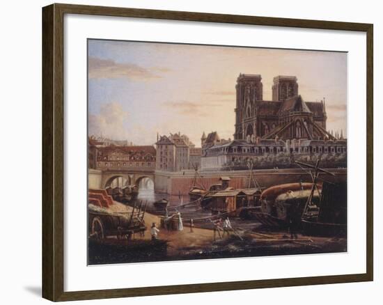 Le pont Saint-Charles, l'Hôtel-Dieu, l'Archevêché et Notre-Dame, vus du quai de la Tournelle-null-Framed Giclee Print