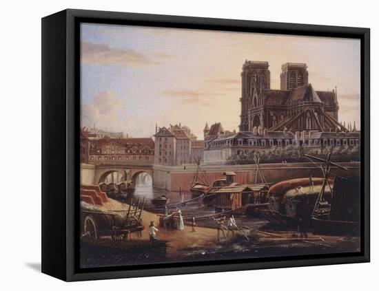 Le pont Saint-Charles, l'Hôtel-Dieu, l'Archevêché et Notre-Dame, vus du quai de la Tournelle-null-Framed Stretched Canvas