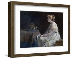 Le Present  Une Jeune Femme Decouvrant Une Statuette De Chat - Peinture D'alfred Stevens (1823-190-Alfred Emile Stevens-Framed Giclee Print