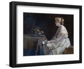 Le Present  Une Jeune Femme Decouvrant Une Statuette De Chat - Peinture D'alfred Stevens (1823-190-Alfred Emile Stevens-Framed Giclee Print