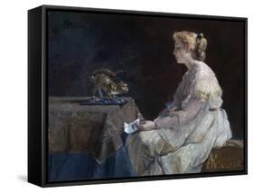 Le Present  Une Jeune Femme Decouvrant Une Statuette De Chat - Peinture D'alfred Stevens (1823-190-Alfred Emile Stevens-Framed Stretched Canvas
