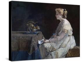 Le Present  Une Jeune Femme Decouvrant Une Statuette De Chat - Peinture D'alfred Stevens (1823-190-Alfred Emile Stevens-Stretched Canvas