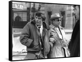 Le realisateur Jean-Pierre Melville and Alain Delon sur le tournage du film Un Flic, 1972 (b/w phot-null-Framed Stretched Canvas