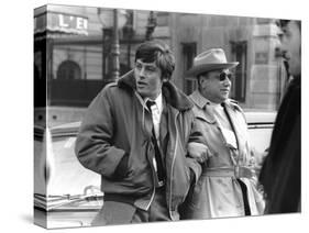 Le realisateur Jean-Pierre Melville and Alain Delon sur le tournage du film Un Flic, 1972 (b/w phot-null-Stretched Canvas