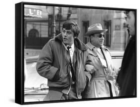 Le realisateur Jean-Pierre Melville and Alain Delon sur le tournage du film Un Flic, 1972 (b/w phot-null-Framed Stretched Canvas