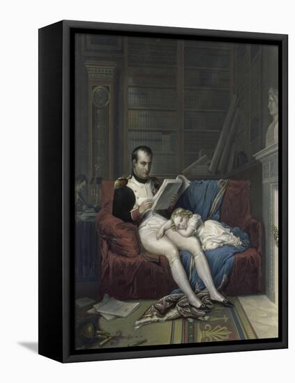 Le roi de Rome endormi sur les genoux de son père dans son cabinet de travail des Tuileries.-null-Framed Stretched Canvas