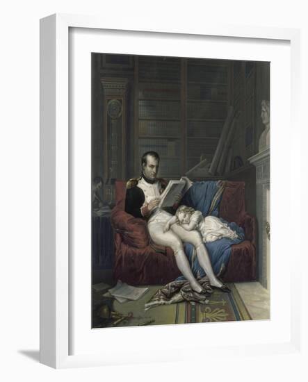 Le roi de Rome endormi sur les genoux de son père dans son cabinet de travail des Tuileries.-null-Framed Giclee Print