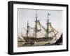 Le Volcan 80-Gun Ship of Line in 1745, Color Lithograph by Lebreton, 19th Century-null-Framed Giclee Print