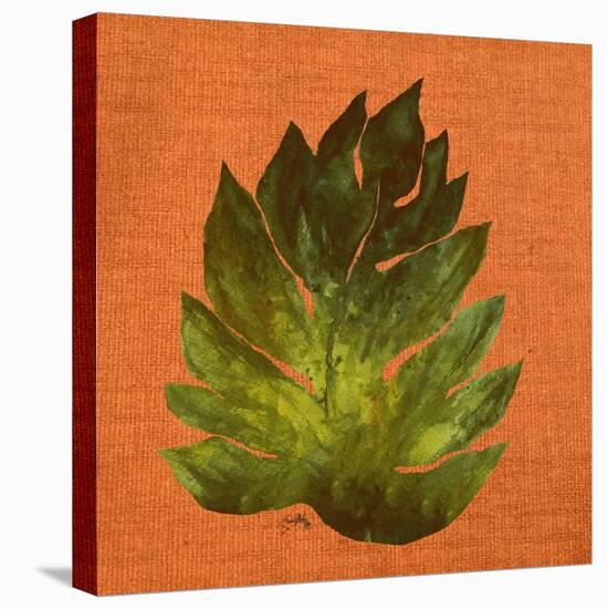 Leaf on Teal Burlap-Elizabeth Medley-Stretched Canvas