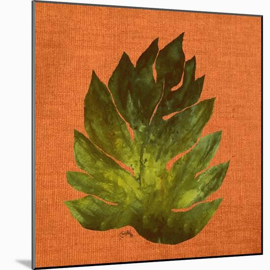 Leaf on Teal Burlap-Elizabeth Medley-Mounted Art Print