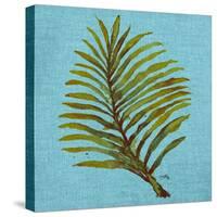 Leaf on Teal Burlap-Elizabeth Medley-Stretched Canvas