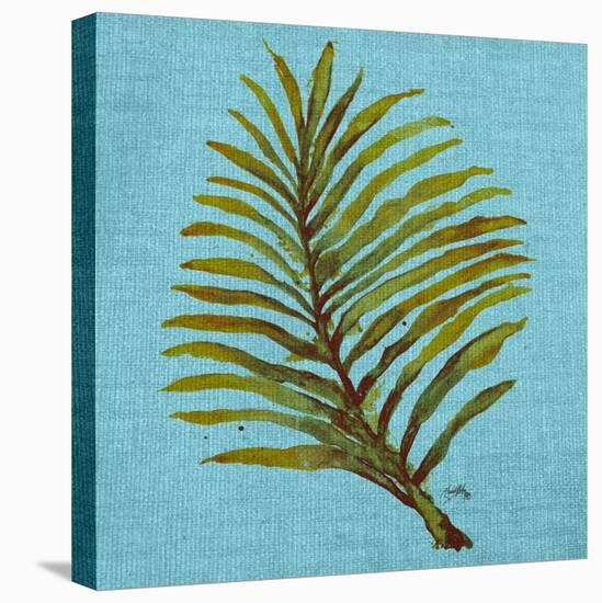 Leaf on Teal Burlap-Elizabeth Medley-Stretched Canvas