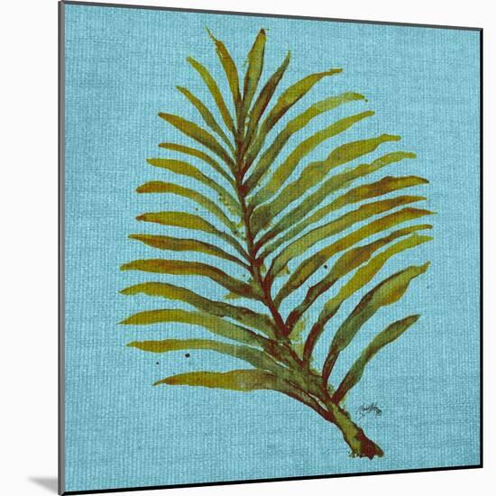 Leaf on Teal Burlap-Elizabeth Medley-Mounted Art Print