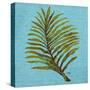 Leaf on Teal Burlap-Elizabeth Medley-Stretched Canvas