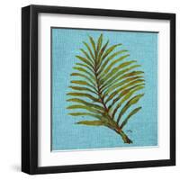 Leaf on Teal Burlap-Elizabeth Medley-Framed Art Print