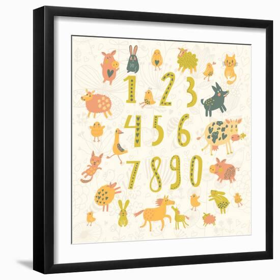 Learn to Count. All Numbers and Funny Cartoon Animals: Cat, Dog, Cow, Horse, Rabbit and Others in C-smilewithjul-Framed Art Print