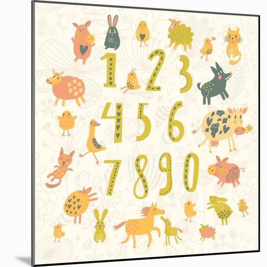 Learn to Count. All Numbers and Funny Cartoon Animals: Cat, Dog, Cow, Horse, Rabbit and Others in C-smilewithjul-Mounted Art Print