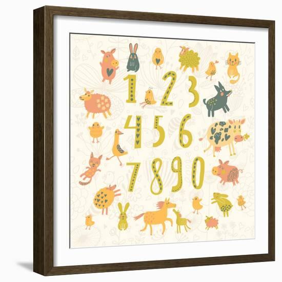 Learn to Count. All Numbers and Funny Cartoon Animals: Cat, Dog, Cow, Horse, Rabbit and Others in C-smilewithjul-Framed Premium Giclee Print